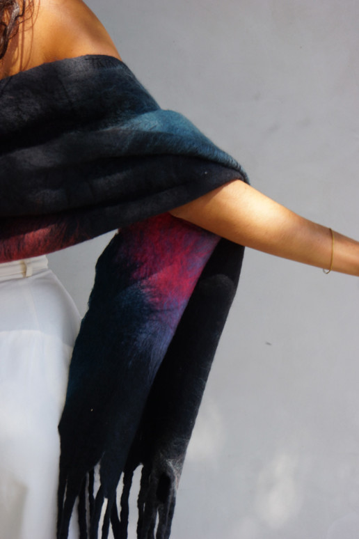 Ohara Shawl Charcoal w/Color Bursts Wool Merino Rainbow Pop Taiana Design