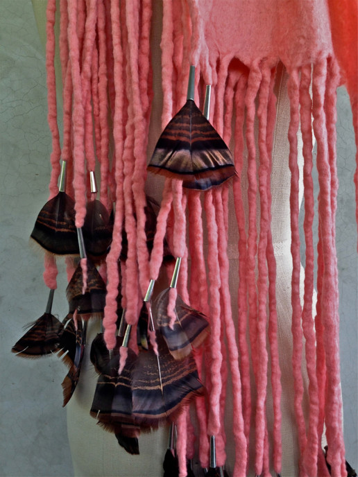 Salmon w/Turkey Feathers Wool Merino Pink Tassels Wild Accessory Taiana Giefer Design