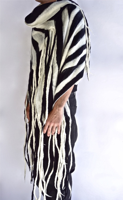 Ohara Black + White Striped Shawl Mid Grey Ohara Shawl Taiana Design Felted Merino Wool Dreadlocks textiles handmade women