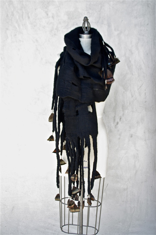Theo Black W/Turkey Feathers Taiana Design Felted Wool Merino Dreadlocks textiles
