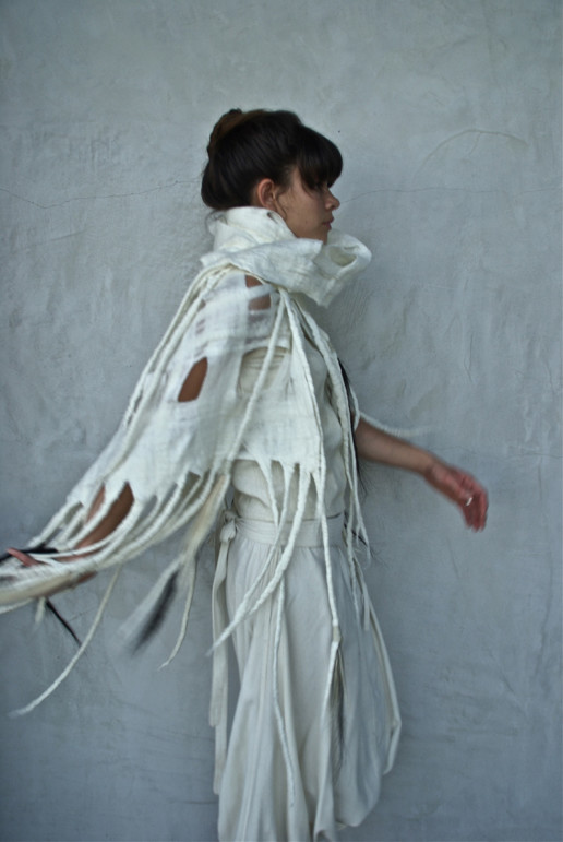 Ohara White Shawl w/Horsehair Taiana Design Felted Wool Merino Dreadlocks textiles