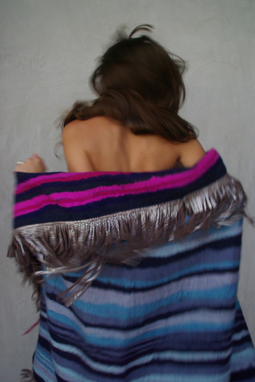 Bastel Blanket Pink + Blue Reversible w/ Silver Leather Frindge Taiana Design Felted Merino Wool Dreadlocks textiles handmade women