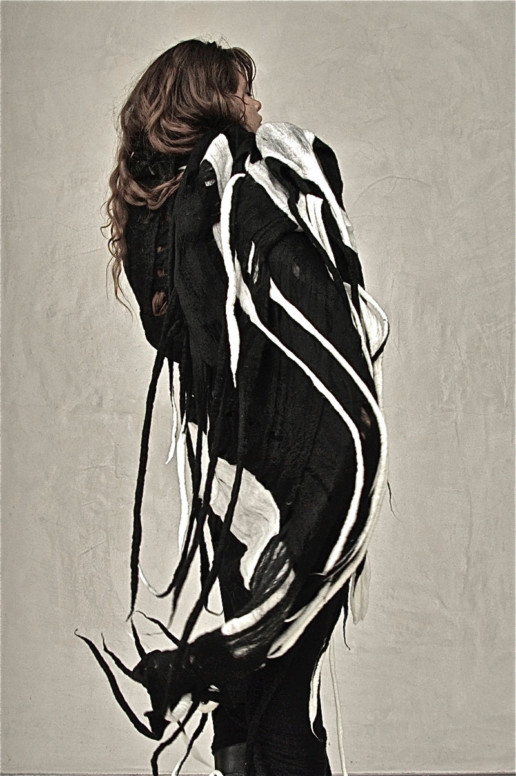 Bastel Black Blanket w/White Stripes Taiana Design Felted Merino Wool Dreadlocks textiles handmade women