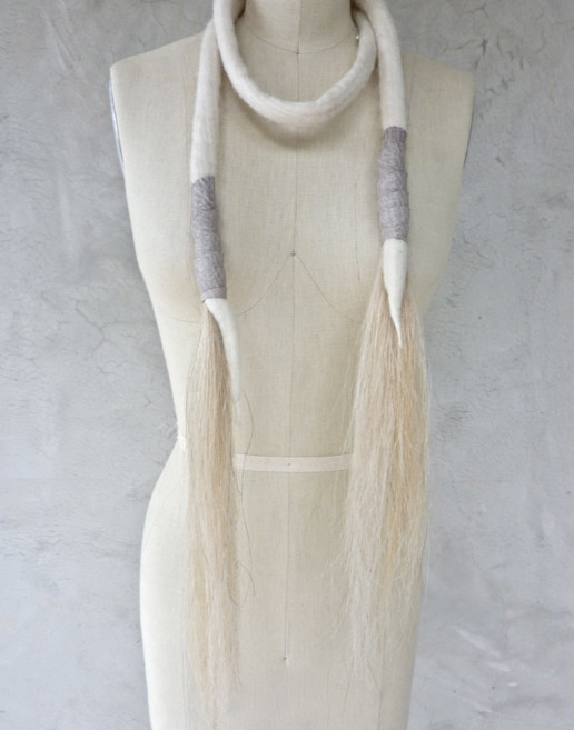 Oli Neck Wrap White w/White Horsehair + Leather Taiana Design Textile Merino wool felted dreadlocks fringe