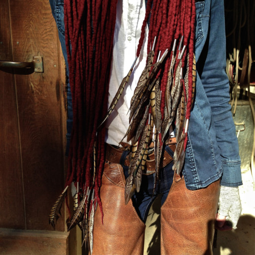 TheoTaiana Design Felted Merino Wool Dreadlocks textiles handmade women Blood Red w/Pheasant Feathers